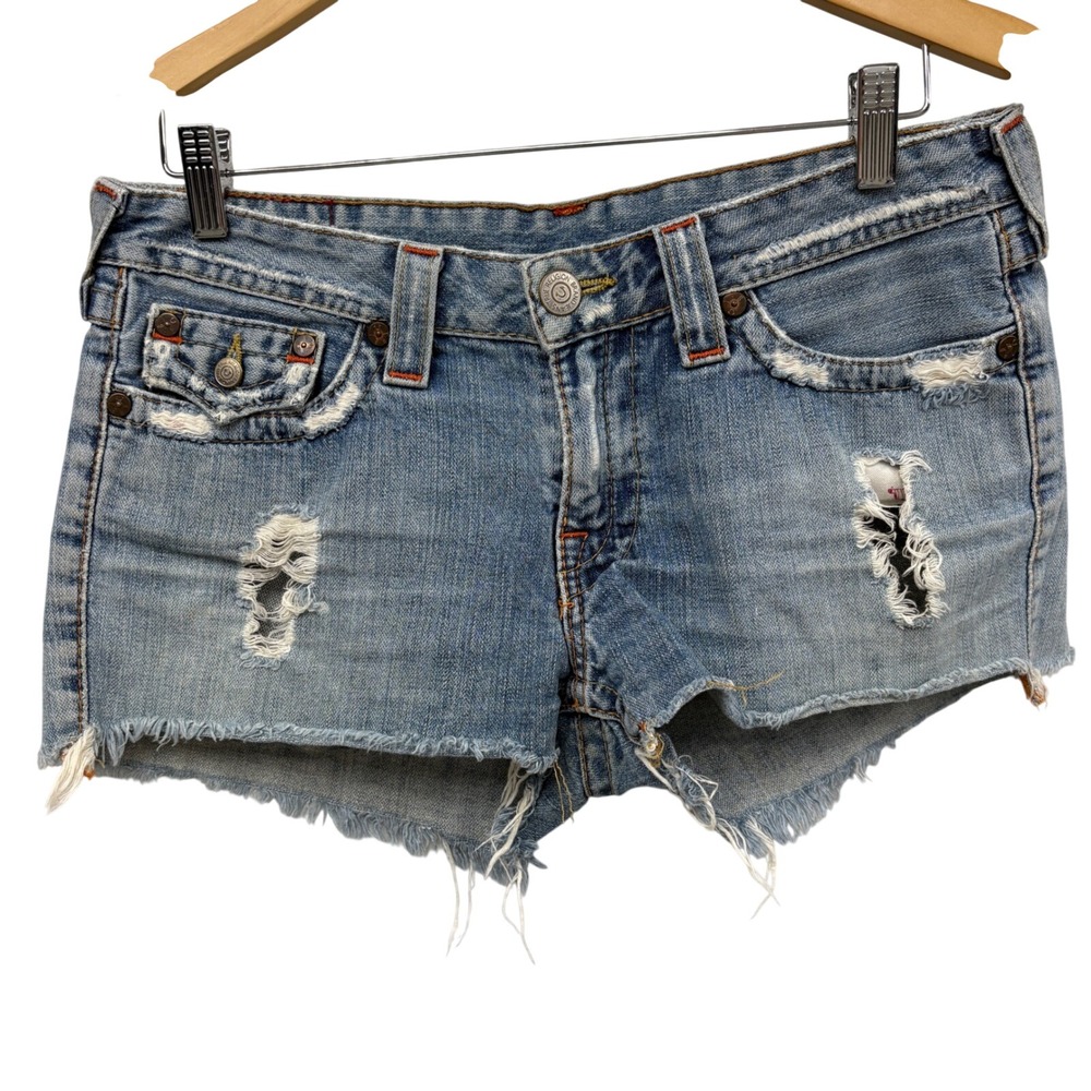 True Religion Daisy duke Light Wash Distress Cut Off Denim Shorts 32 RARE Y2k